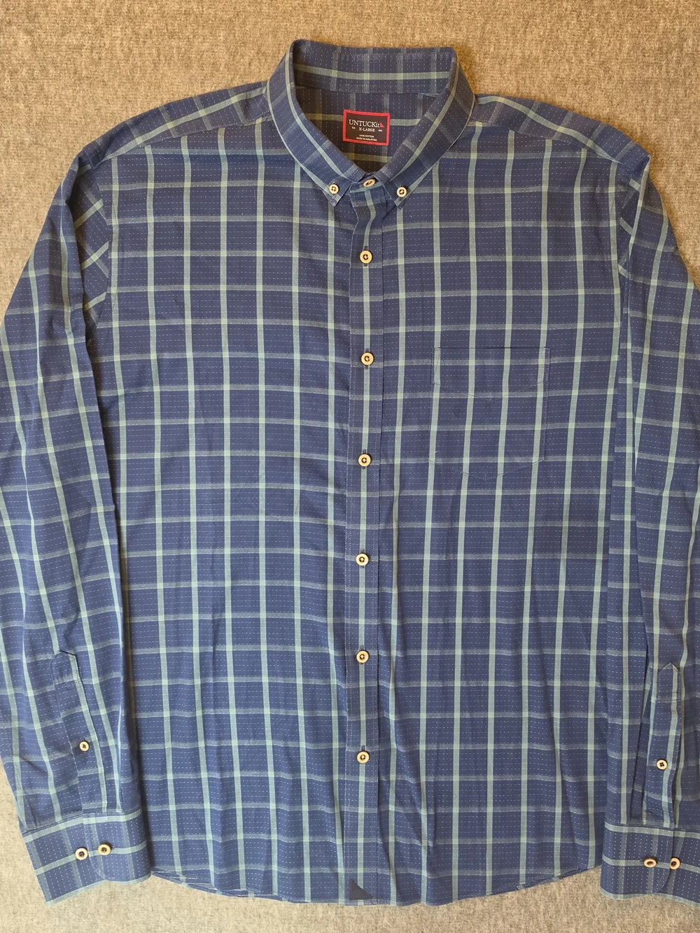 Untuckit Men's Blue Plaid Button-Down Shirt XL Preppy Travel Business Casual